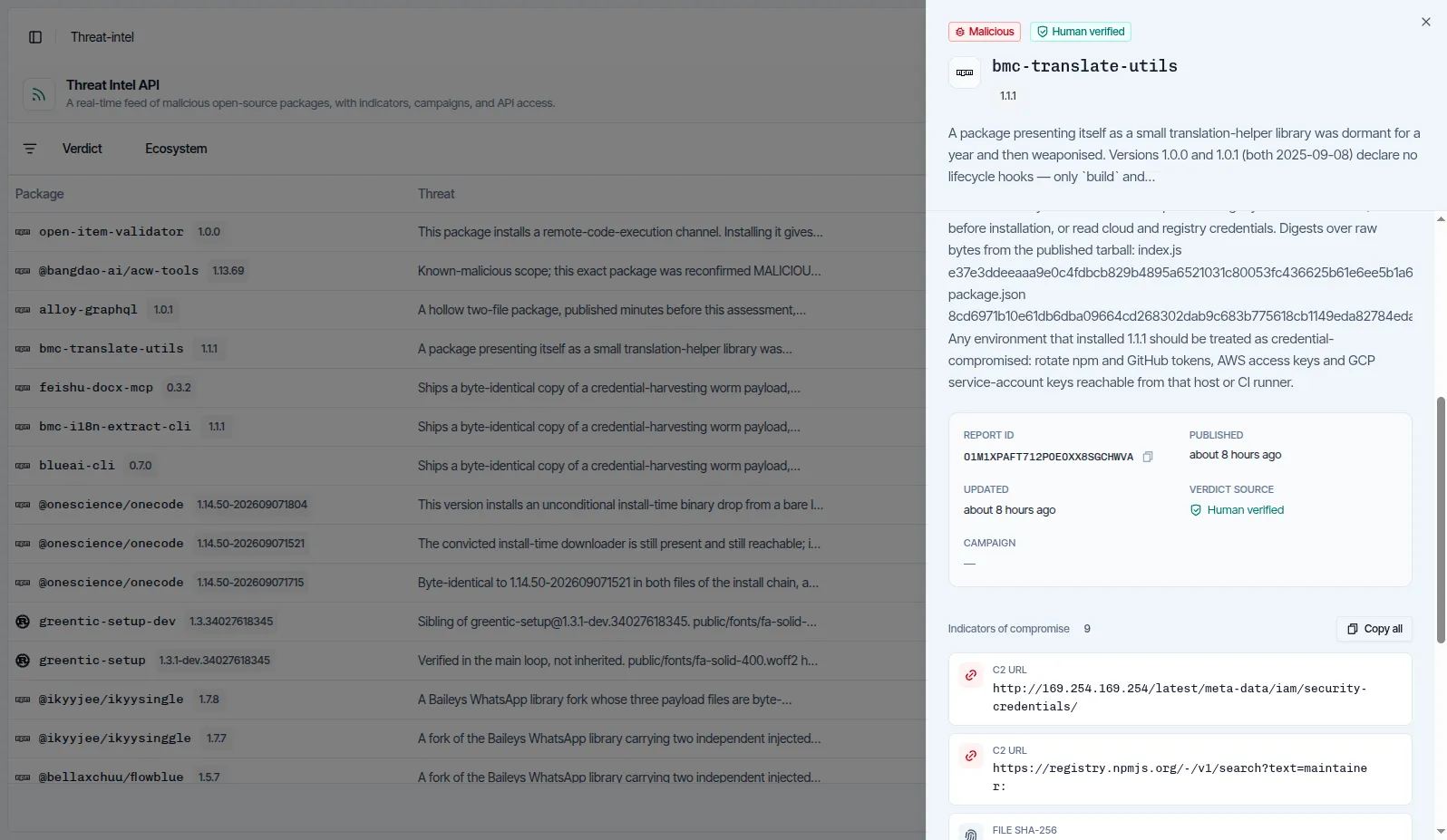 Verdict detail panel for a single malicious package