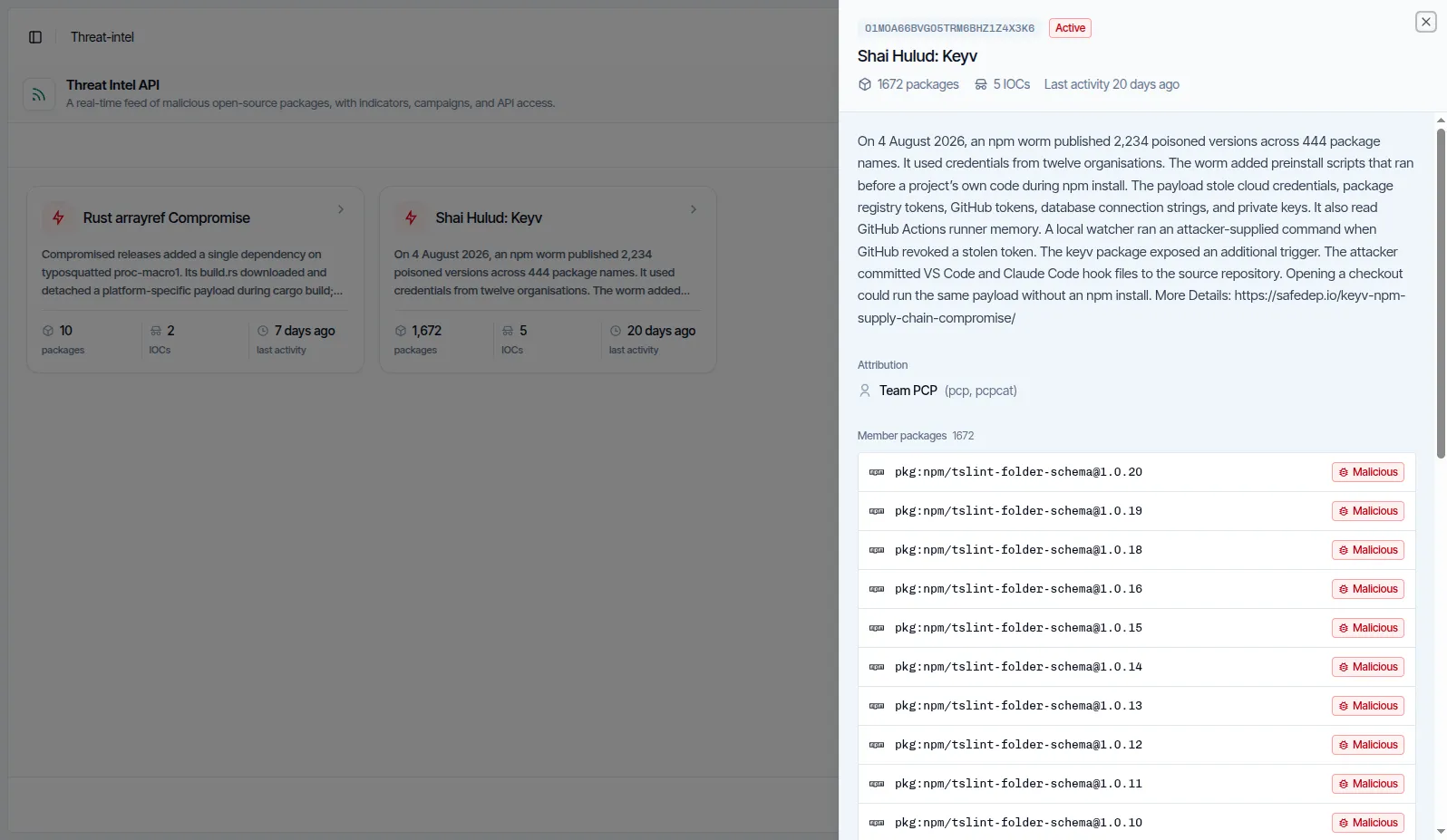 Campaign view grouping related malicious packages