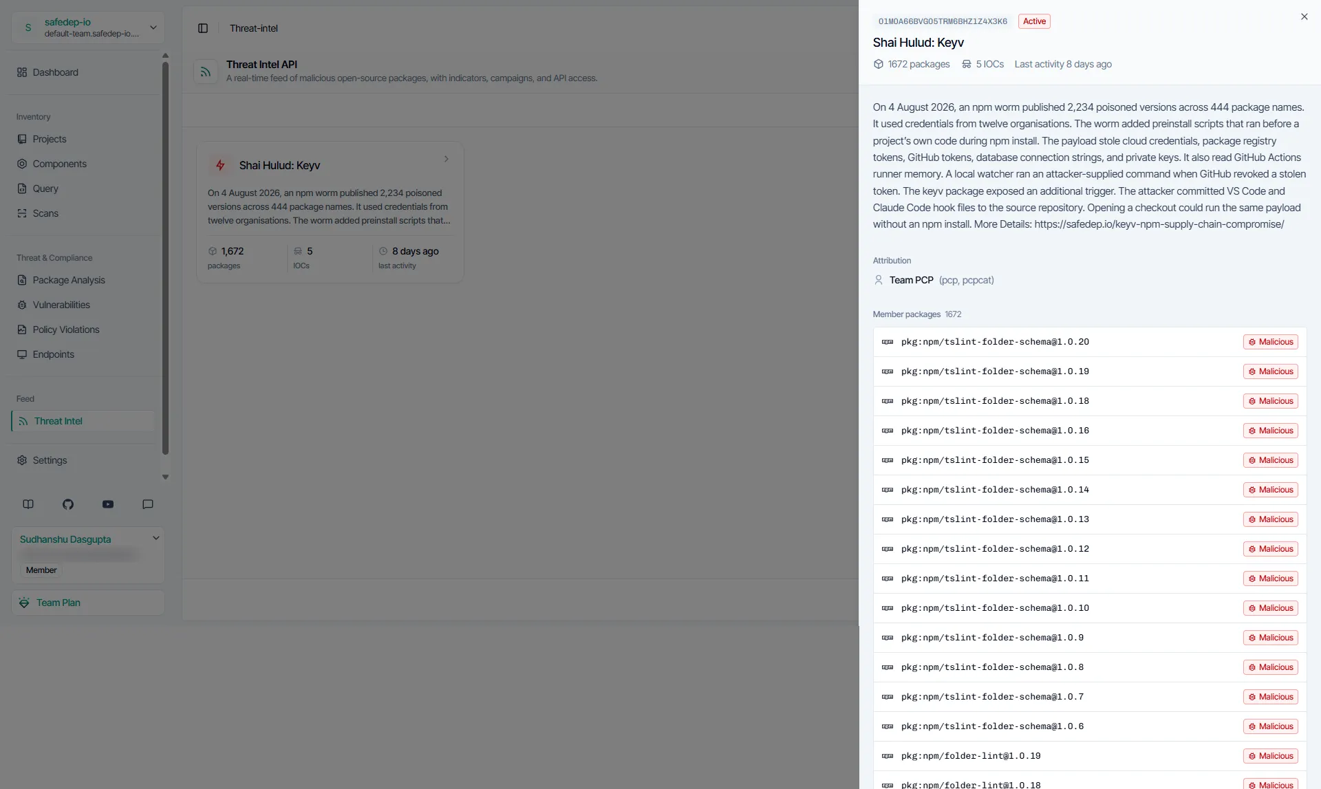 Campaign panel for Shai Hulud: Keyv showing attribution, member packages and file hashes