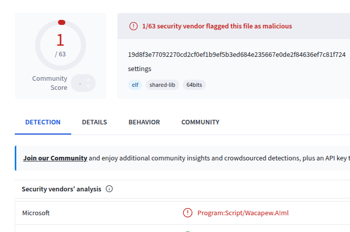 VirusTotal screenshot showing Microsoft flagging the binary as Program:Script/Wacapew.A!ml