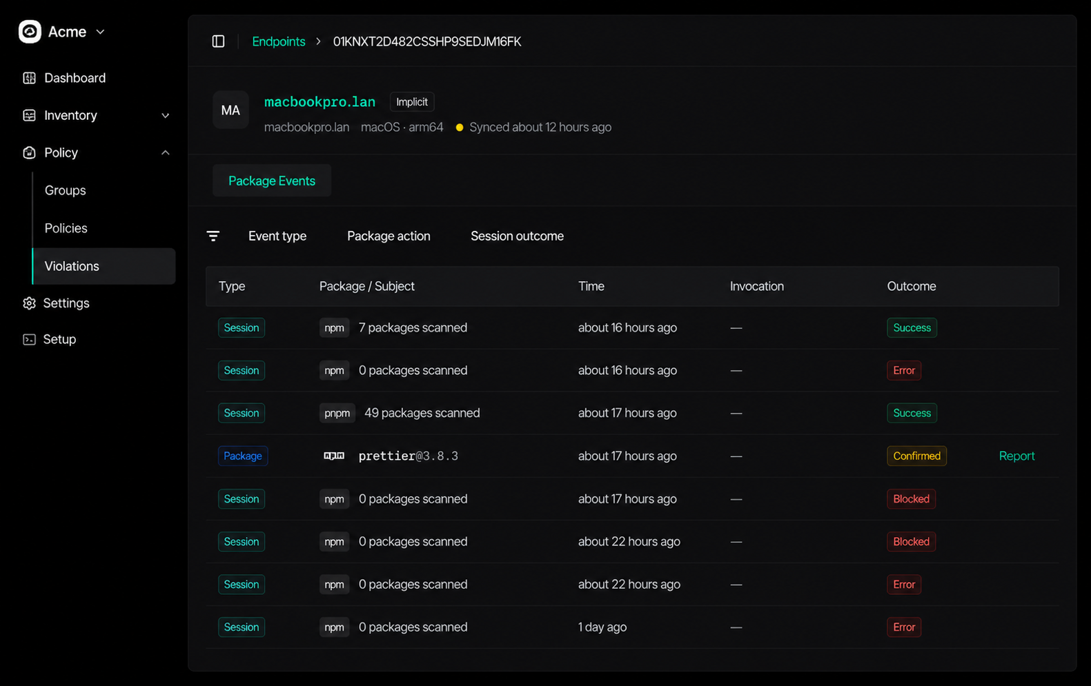 SafeDep per-endpoint package guard events