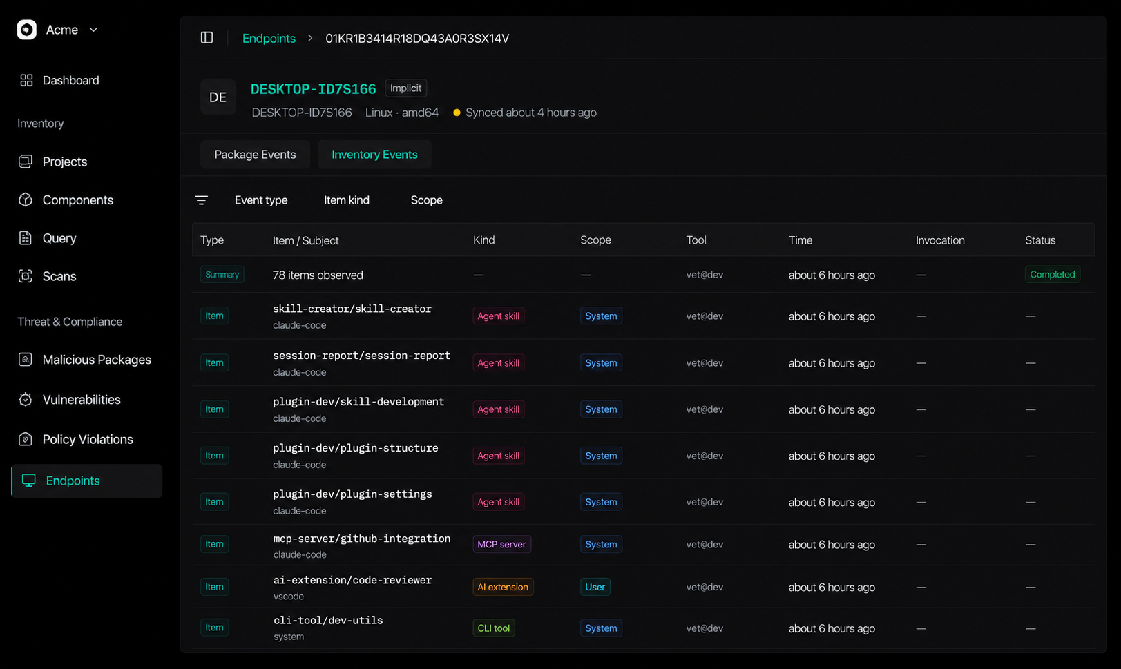Endpoint inventory showing discovered AI tools, MCP servers, and CLI tooling