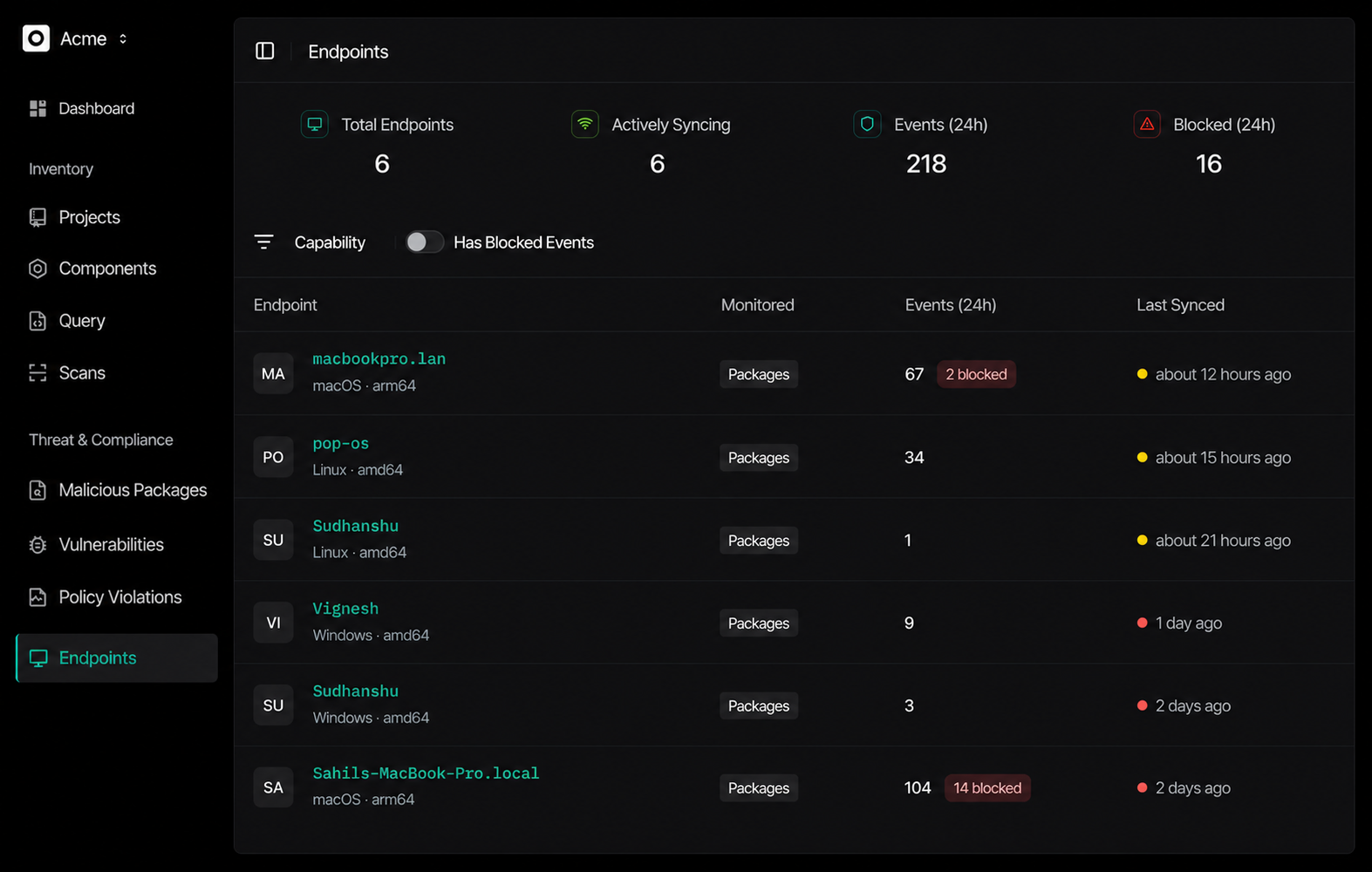 SafeDep Endpoints dashboard showing fleet visibility