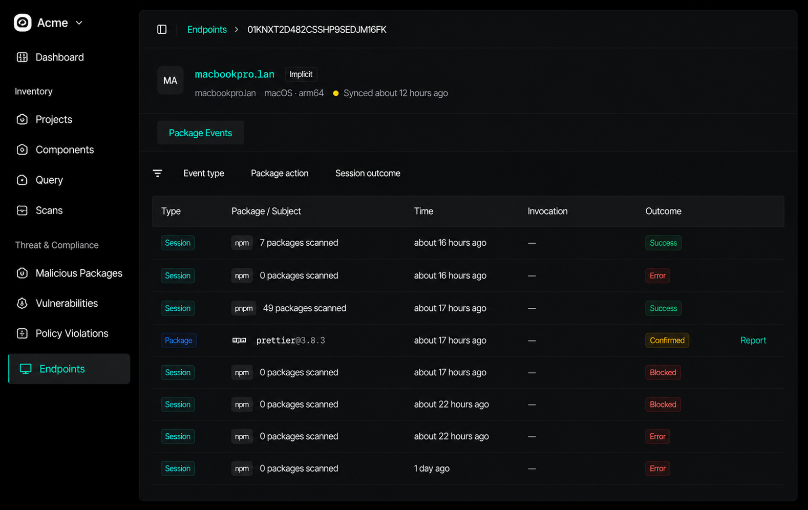 Per-endpoint package events showing sessions and outcomes