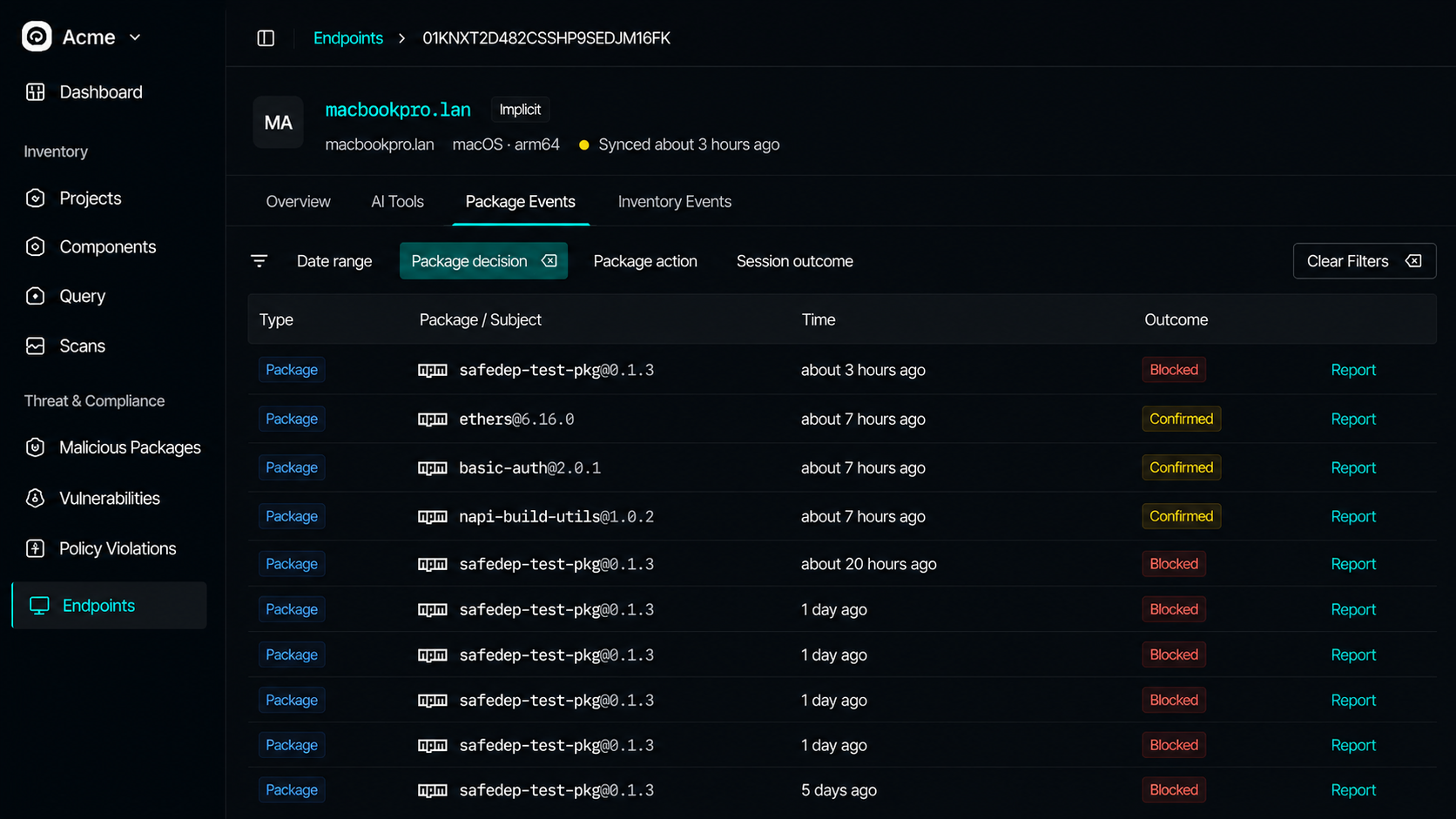 Per-endpoint package guard events timeline