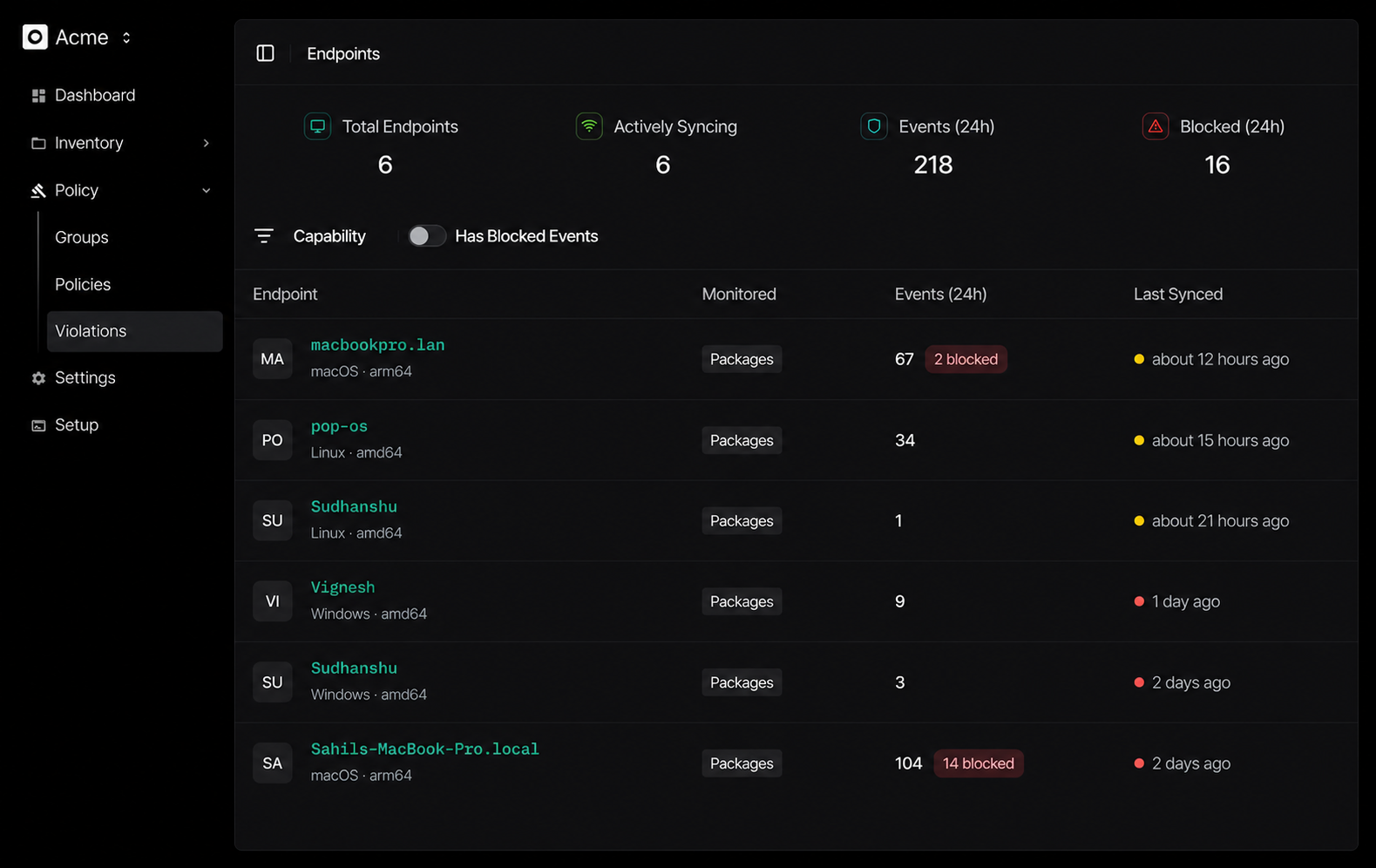 SafeDep endpoints dashboard showing fleet visibility