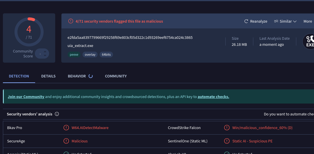 VirusTotal analysis of uia_extract.exe showing 4/71 detections, all ML-based with no specific malware family assigned