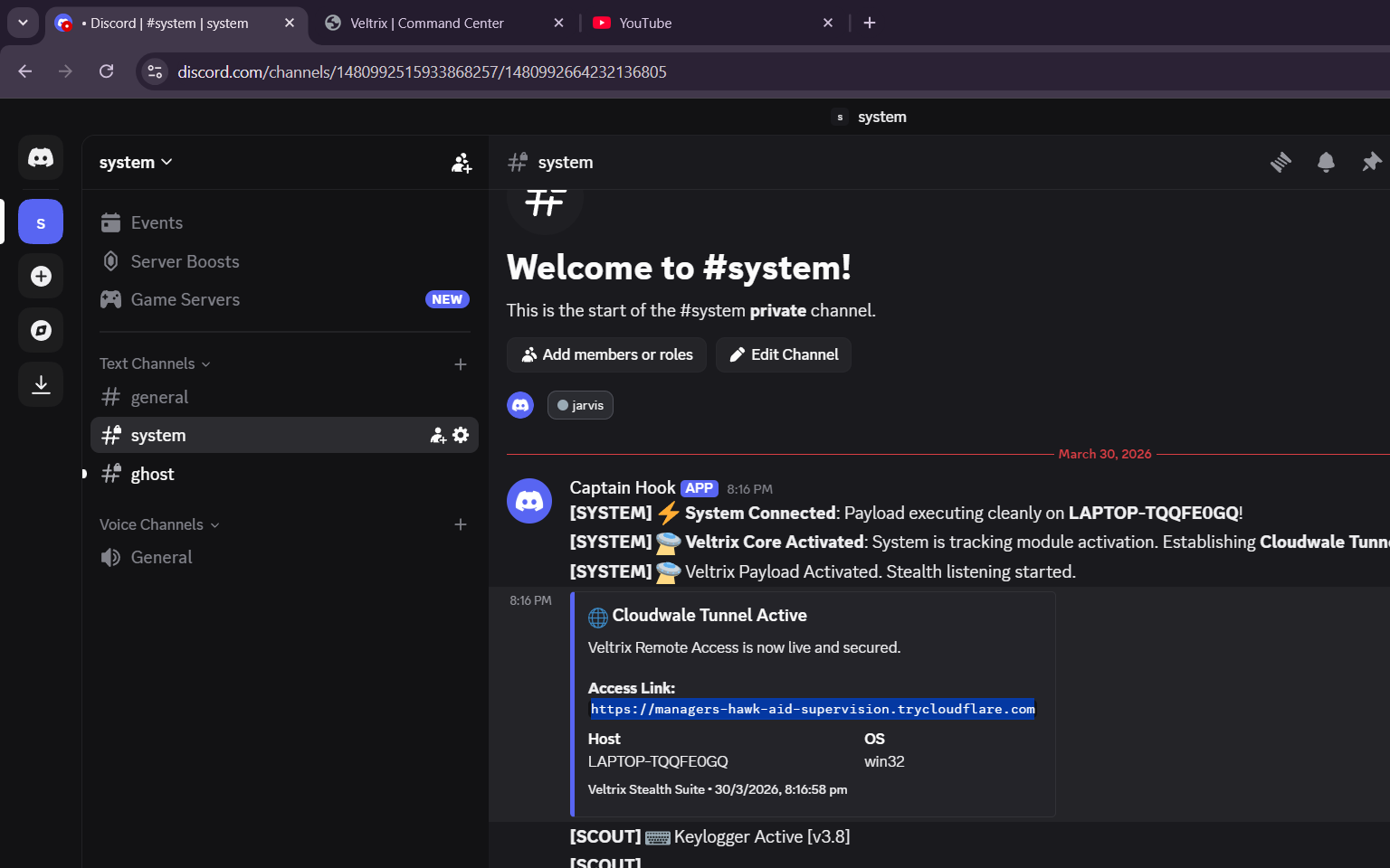 Discord C2 channel showing initial Veltrix beacon and Cloudwale Tunnel Active embed with trycloudflare.com access link