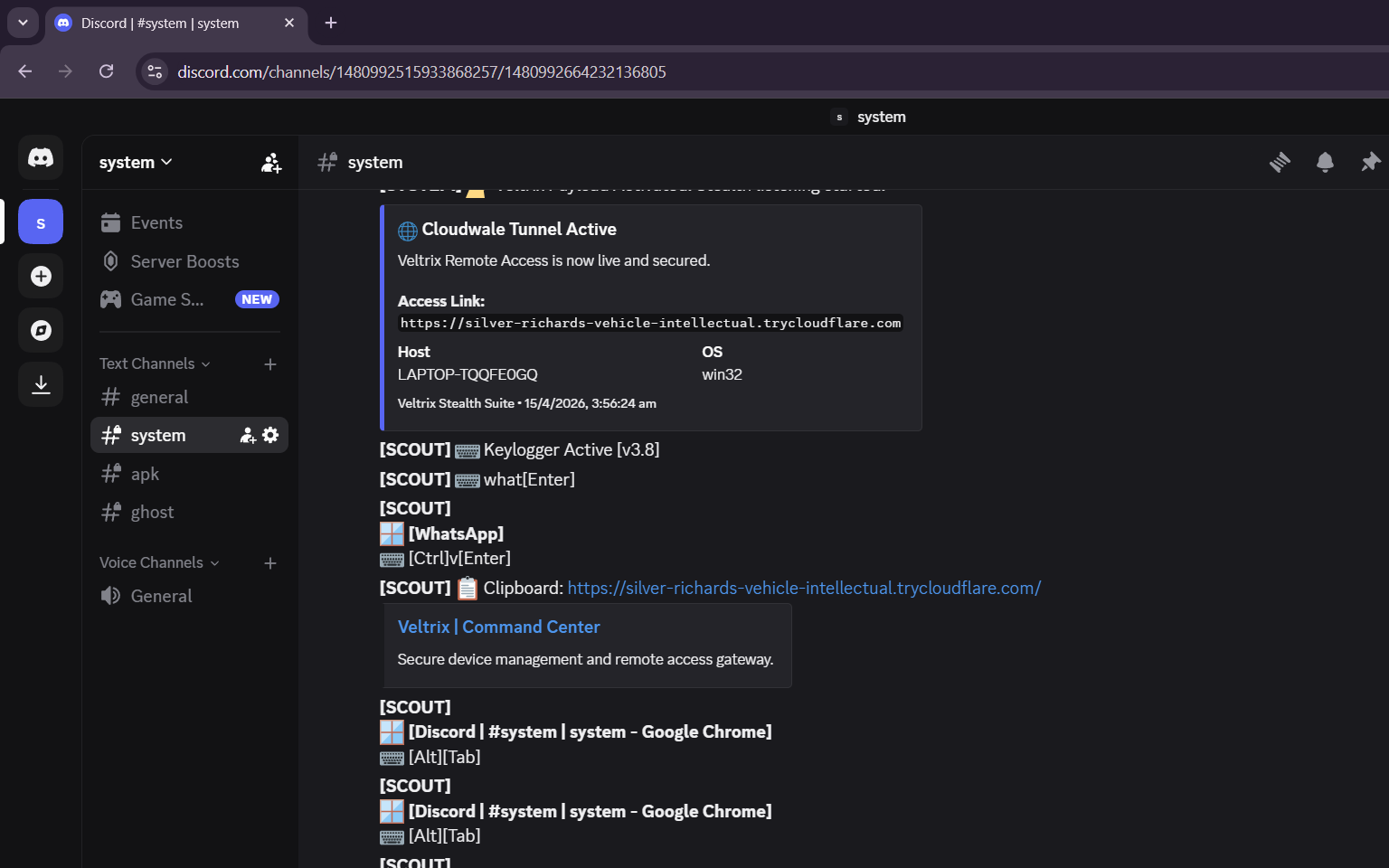 Discord showing live keylogger output with window title prefixes, clipboard capture of a trycloudflare URL, and [SCOUT] tagged keystrokes