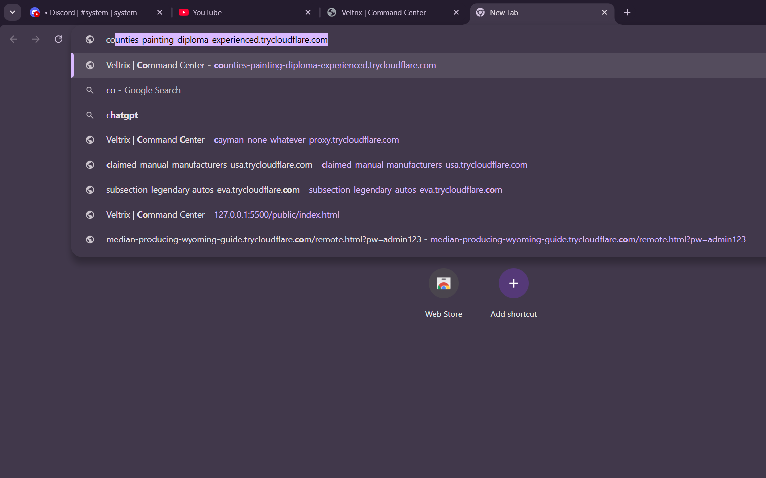 Browser autocomplete showing the Veltrix dashboard URL with ?pw=admin123 in the query string, exposing the default master password