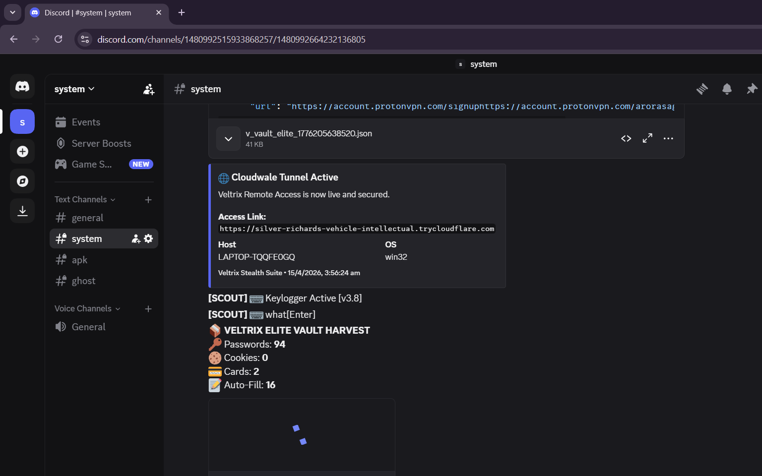 Discord showing vault harvest results: 94 passwords, 2 credit cards, 16 autofill entries, with vault JSON file attached