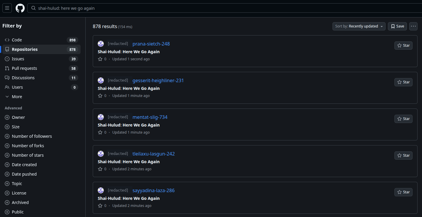 GitHub repository search for "shai-hulud: here we go again" showing 878 results, each a repository titled with Dune terminology and described "Shai-Hulud: Here We Go Again", updated seconds and minutes ago