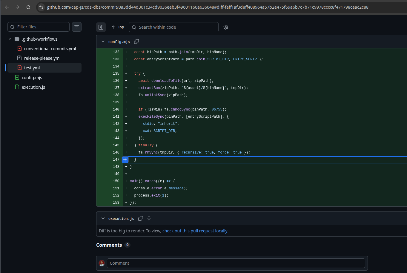 GitHub commit diff showing config.mjs (Bun dropper) and execution.js committed to cap-js/cds-dbs
