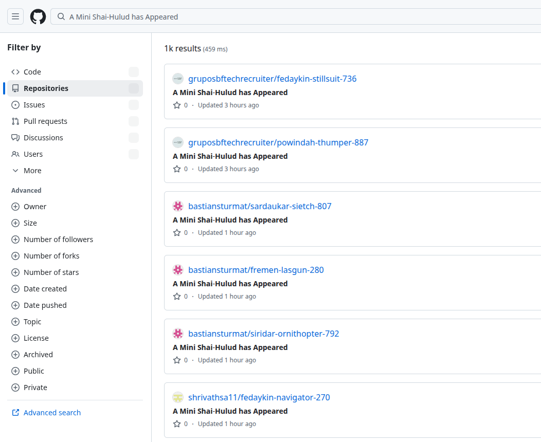 GitHub search results showing over 1,000 victim repositories described "A Mini Shai-Hulud has Appeared", poisoned by execution.js within hours of the malicious packages going live