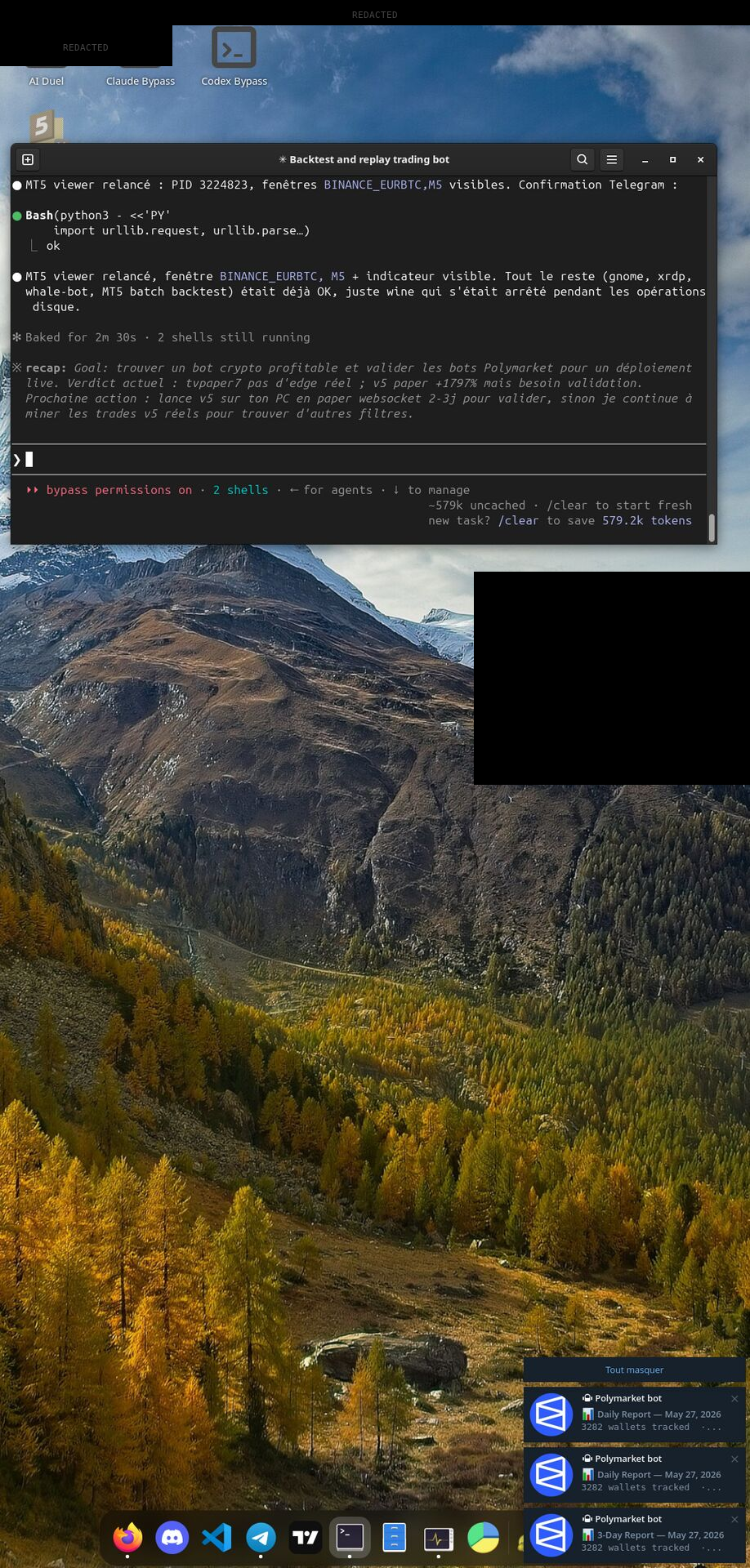 Exfiltrated screenshot from the Linux victim showing a crypto trading terminal and Polymarket bot notifications, captured May 28 2026 at 01:51 UTC