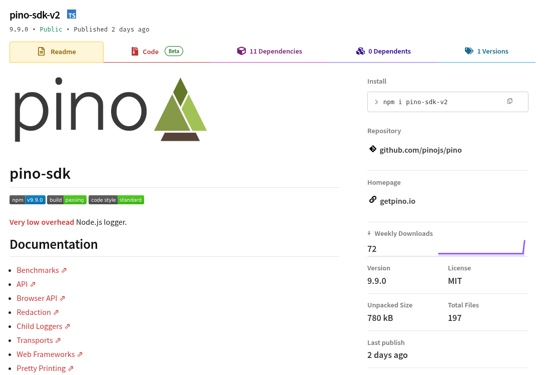 Malicious pino-sdk-v2 package README on npm