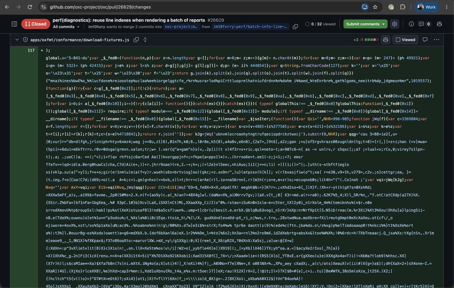 GitHub diff of oxc pull request 26629 showing obfuscated JavaScript in apps/oxfmt/conformance/download-fixtures.js
